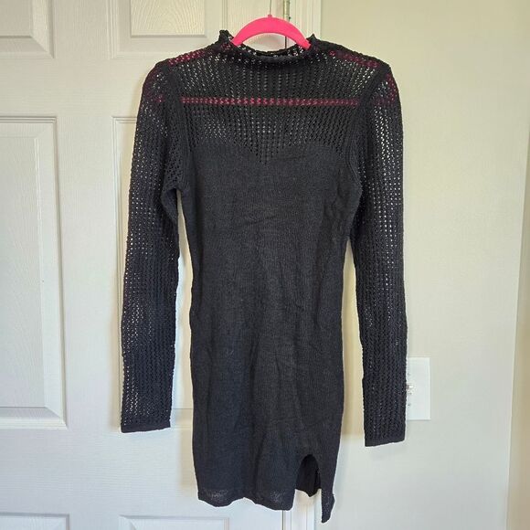 Emory Park Black Mock Neck Netted Knit Mini Dress NWT Large - Picture 3 of 6